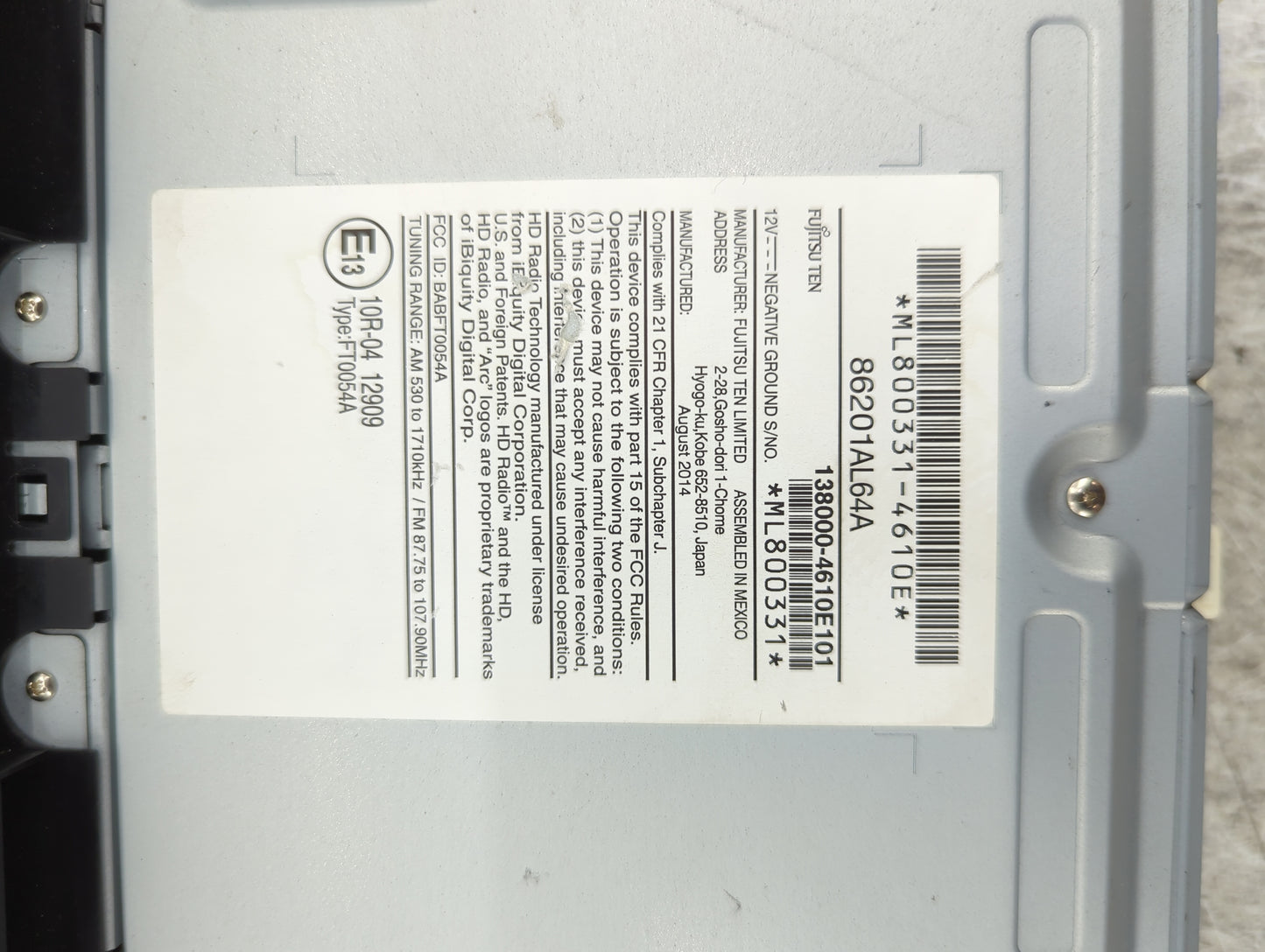 2015 Subaru Legacy Radio AM FM Cd Player Receiver Replacement P/N:86201AL64A 138000-4610E101, ML800331-4610E Fits OEM Used A