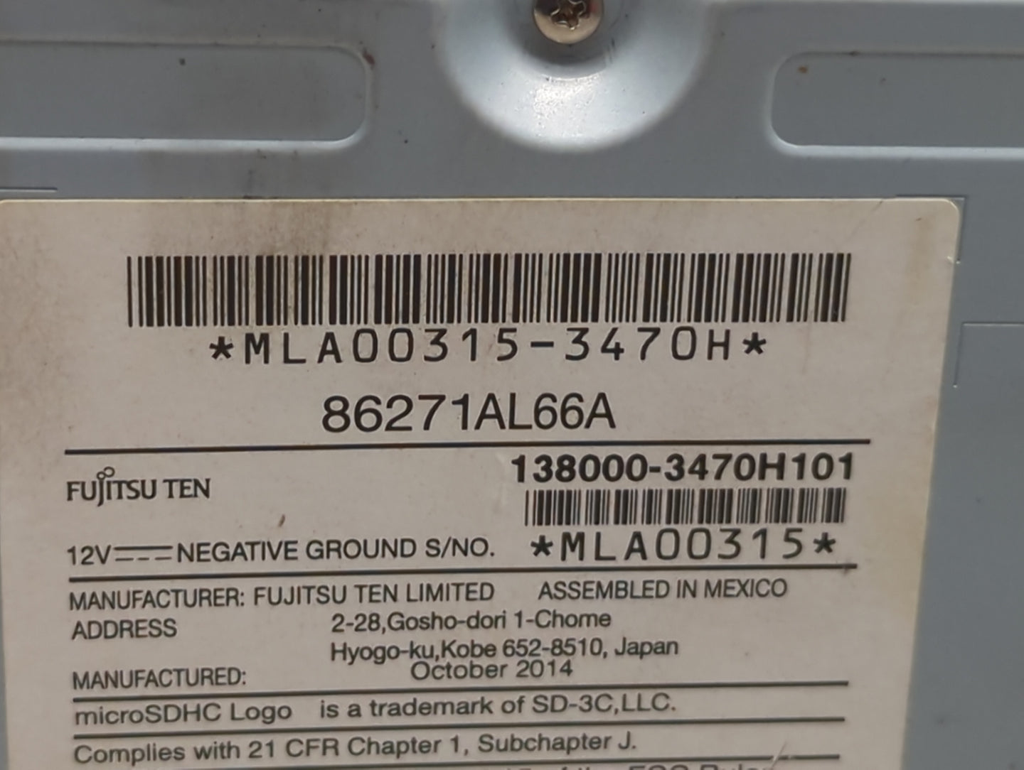 2015 Subaru Legacy Radio AM FM Cd Player Receiver Replacement P/N:86271AL66A Fits OEM Used Auto Parts - Oemusedautoparts1.co