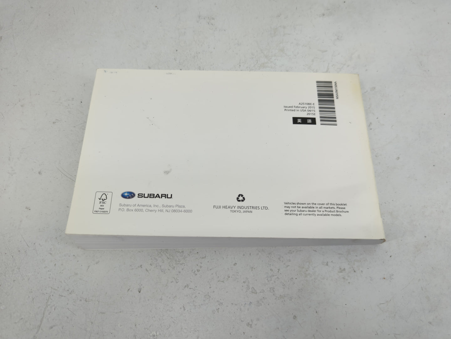 2015 Subaru Legacy Owners Manual Book Guide P/N:A2510BE-E MSA5M1504A OEM Used Auto Parts - Oemusedautoparts1.com
