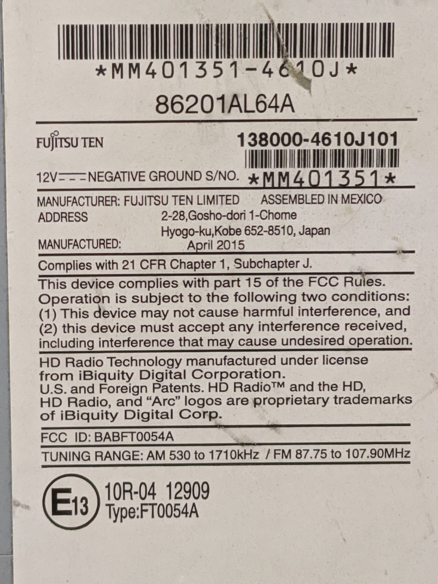 2015 Subaru Legacy Radio AM FM Cd Player Receiver Replacement P/N:86201AL64A 138000-4610J101, BABFT0054A, FT0054A Fits OEM U