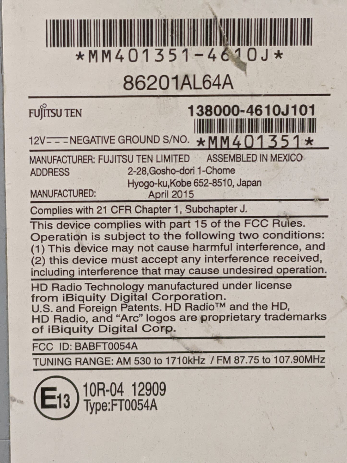 2015 Subaru Legacy Radio AM FM Cd Player Receiver Replacement P/N:86201AL64A 138000-4610J101, BABFT0054A, FT0054A Fits OEM U