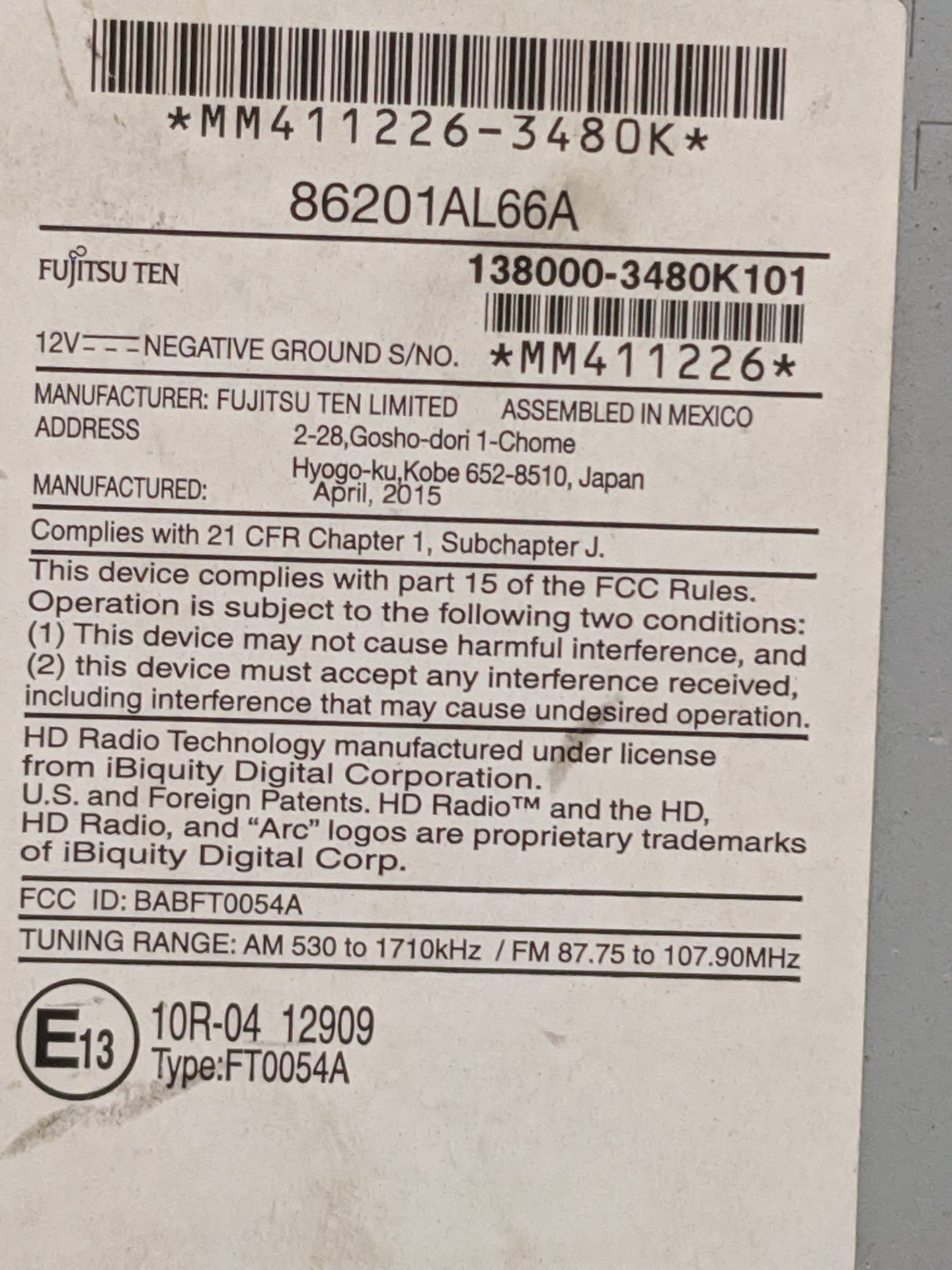 2015 Subaru Legacy Radio AM FM Cd Player Receiver Replacement P/N:86201AL66A 138000-3480K101, BABFT0054A, FT0054A Fits OEM U