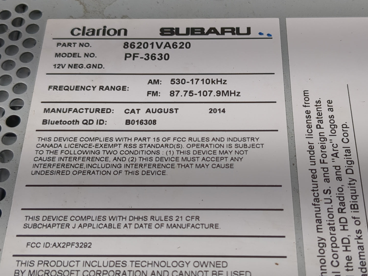 2015 Subaru Wrx Radio AM FM Cd Player Receiver Replacement P/N:86201VA620 Fits OEM Used Auto Parts - Oemusedautoparts1.com