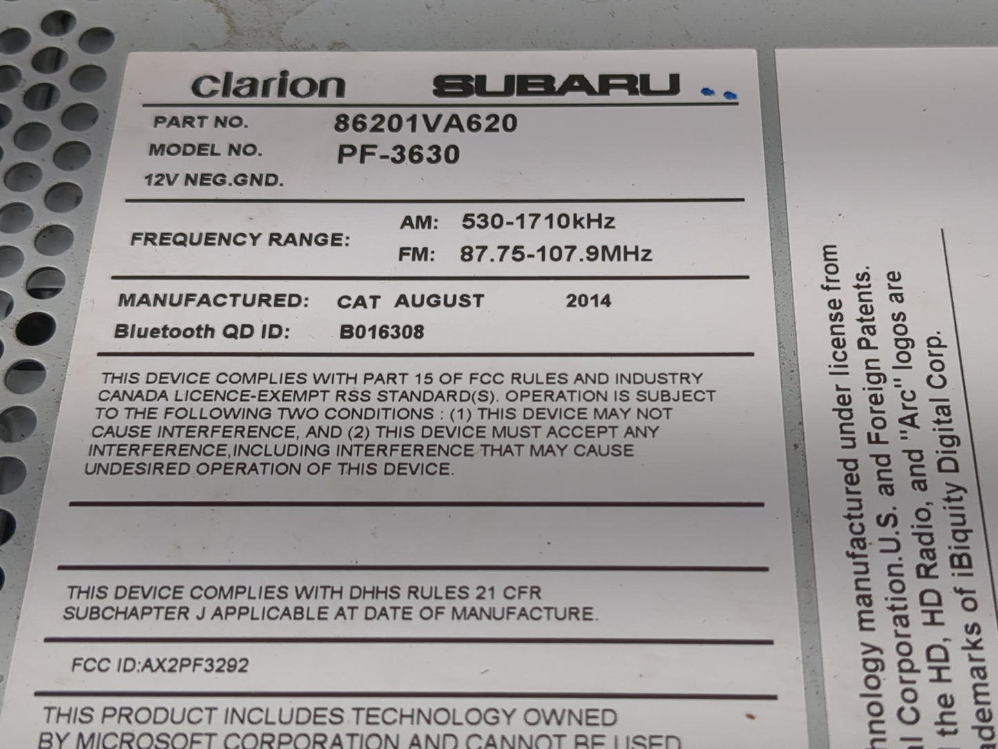2015 Subaru Wrx Radio AM FM Cd Player Receiver Replacement P/N:86201VA620 Fits OEM Used Auto Parts - Oemusedautoparts1.com
