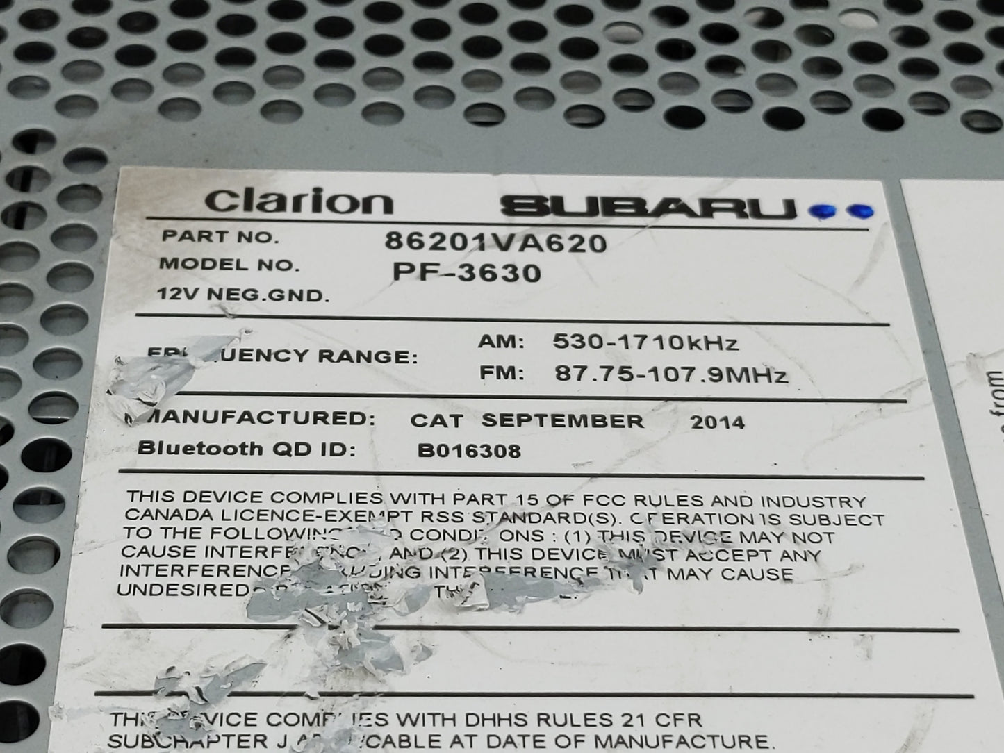 2015 Subaru Wrx Radio AM FM Cd Player Receiver Replacement P/N:86201VA620 Fits OEM Used Auto Parts - Oemusedautoparts1.com