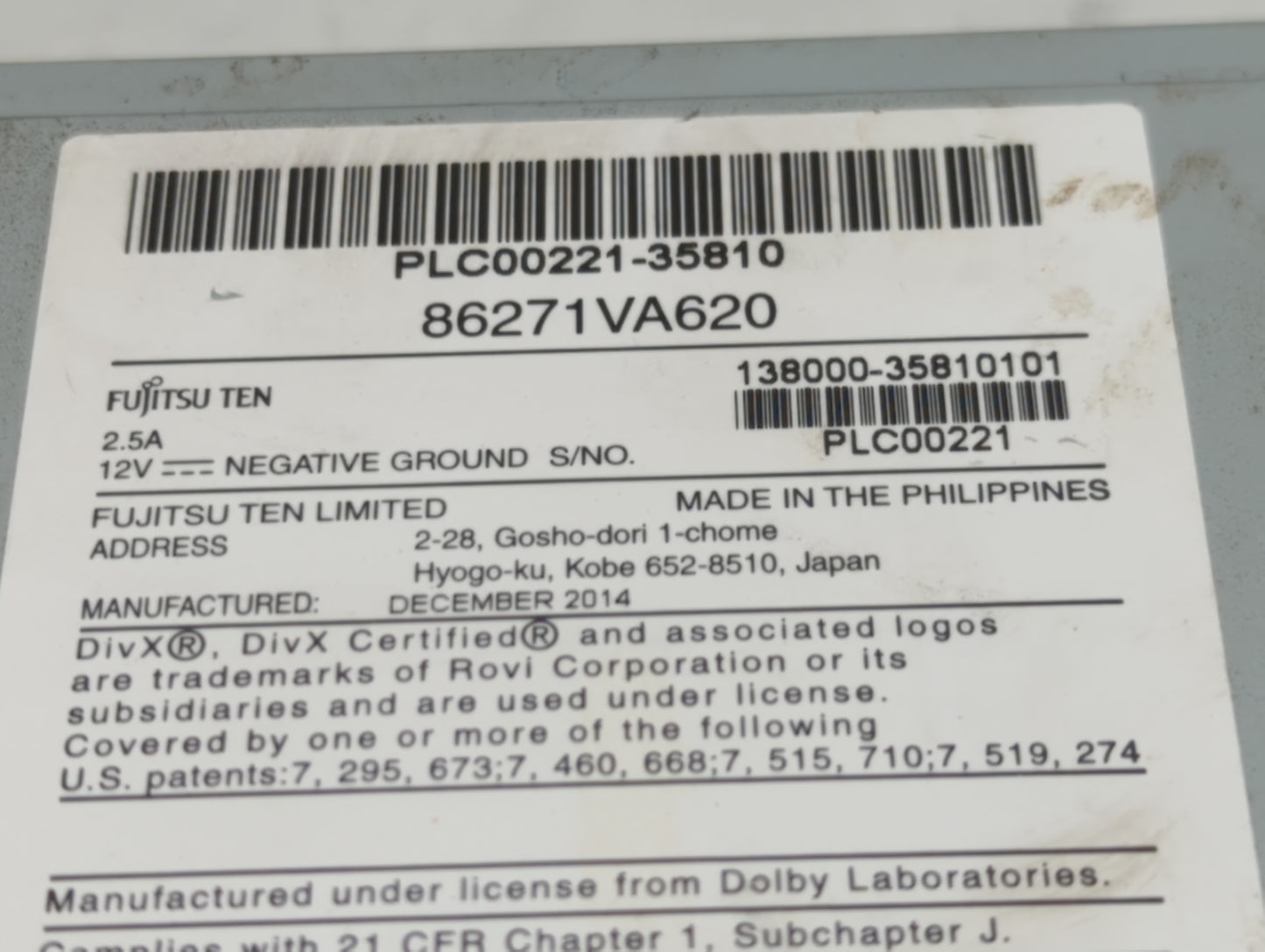 2015 Subaru Wrx Radio AM FM Cd Player Receiver Replacement P/N:86271VA620 PLC00221-35810, 138000-35810101, PLC00221 Fits OEM