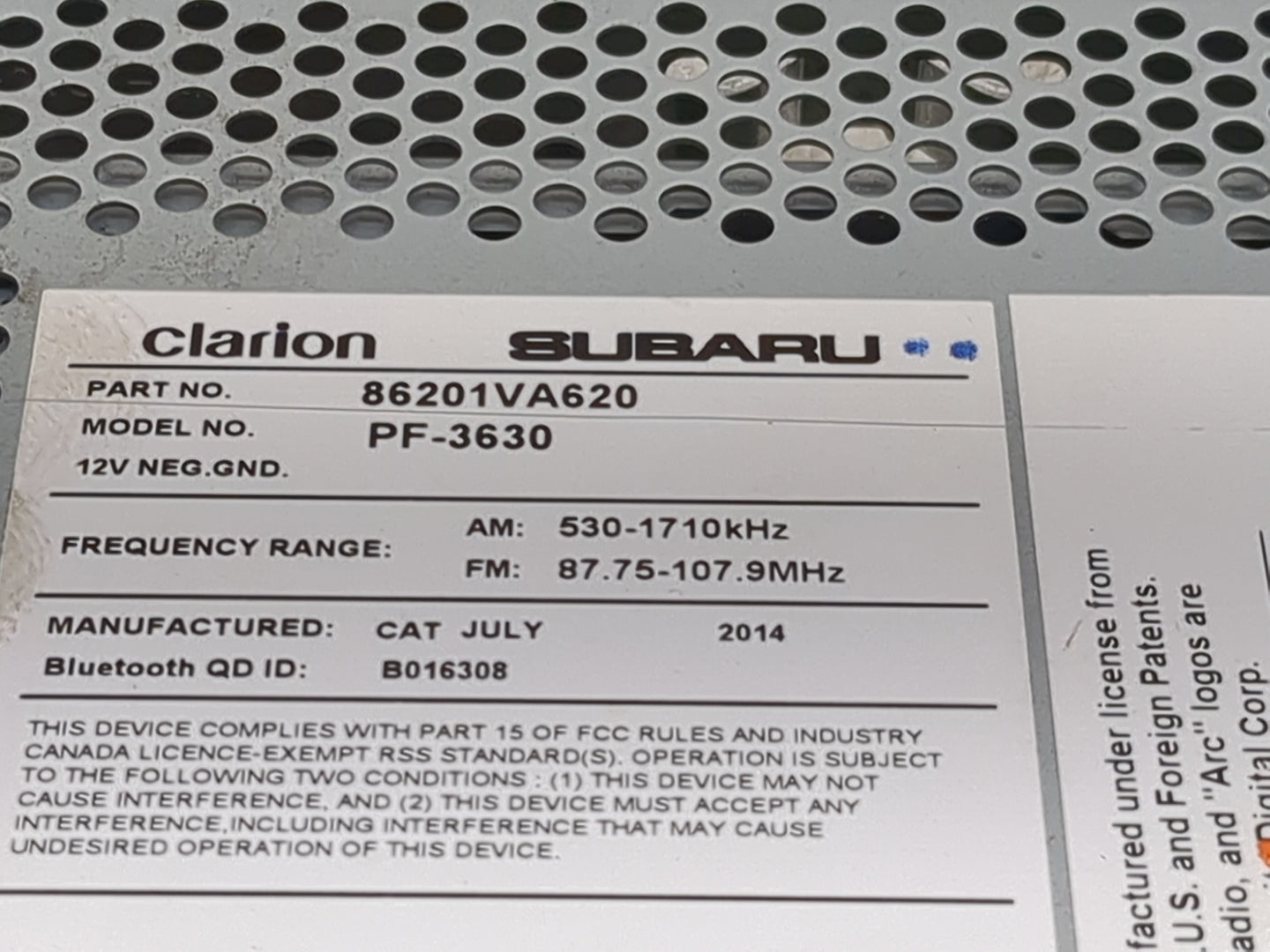 2015 Subaru Wrx Radio AM FM Cd Player Receiver Replacement P/N:86201VA620 PF-3630, CV629UM Fits OEM Used Auto Parts - Oemuse