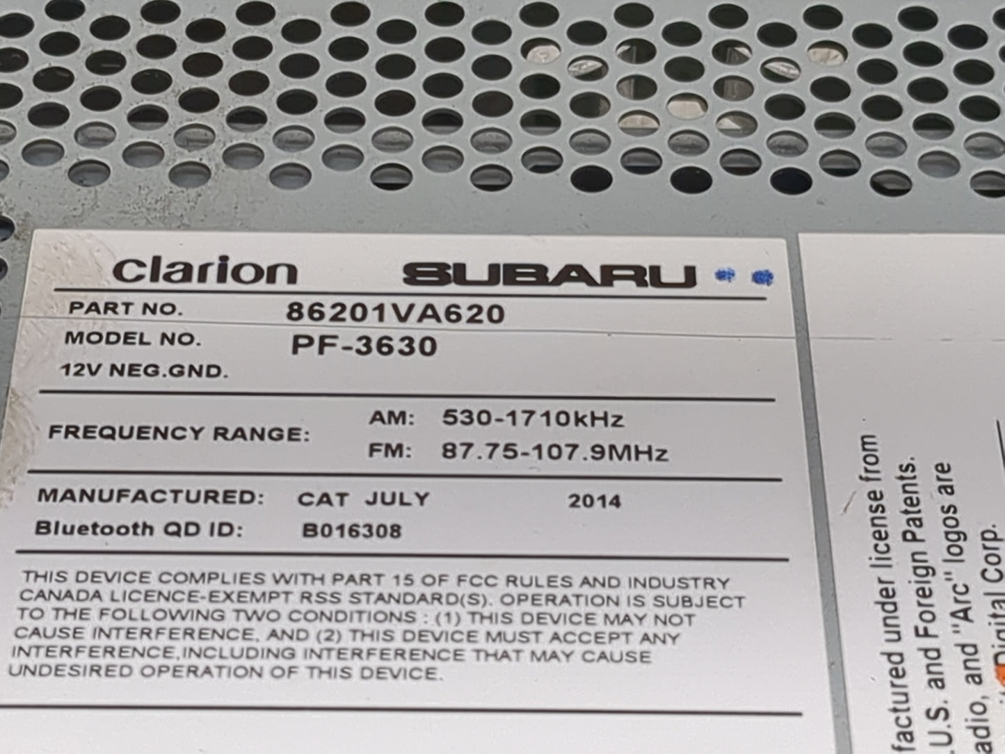 2015 Subaru Wrx Radio AM FM Cd Player Receiver Replacement P/N:86201VA620 PF-3630, CV629UM Fits OEM Used Auto Parts - Oemuse