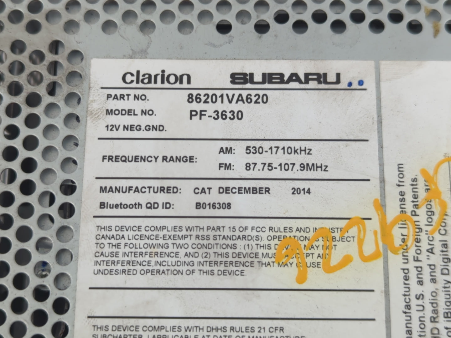 2015 Subaru Wrx Radio AM FM Cd Player Receiver Replacement P/N:86201VA620 Fits OEM Used Auto Parts - Oemusedautoparts1.com