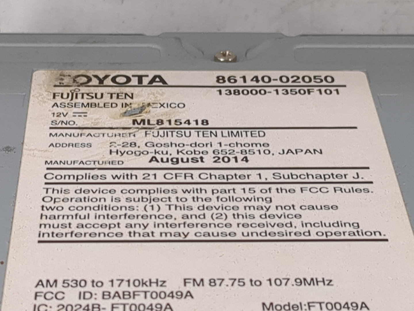 2014-2016 Toyota Corolla Radio AM FM Cd Player Receiver Replacement P/N:86140-02050 138000-1350F101 Fits Fits 2014 2015 2016