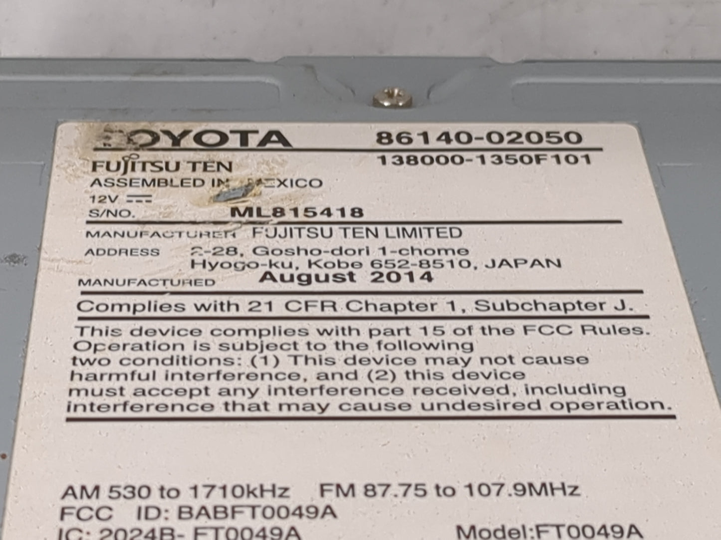 2014-2016 Toyota Corolla Radio AM FM Cd Player Receiver Replacement P/N:86140-02050 138000-1350F101 Fits Fits 2014 2015 2016