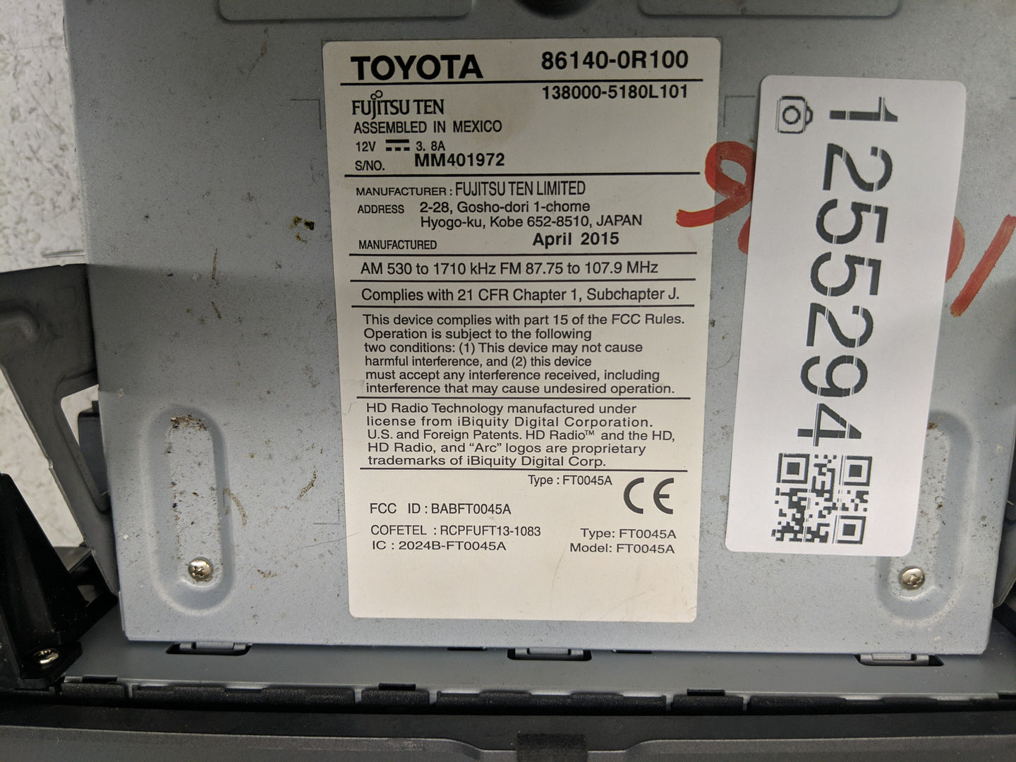 2014-2015 Toyota Rav4 Radio AM FM Cd Player Receiver Replacement P/N:138000-5180L101 86140-0R100 Fits Fits 2014 2015 OEM Use