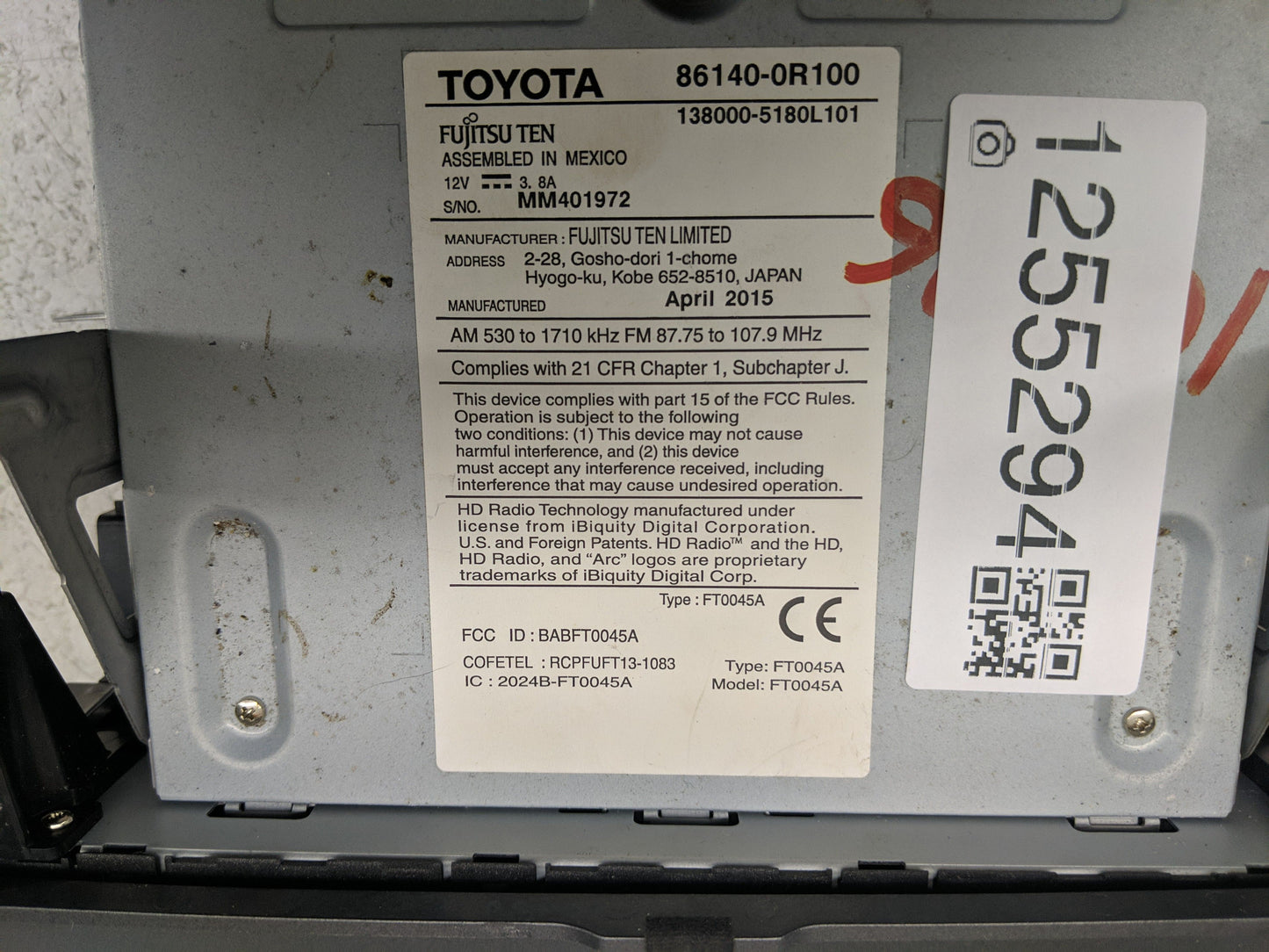 2014-2015 Toyota Rav4 Radio AM FM Cd Player Receiver Replacement P/N:138000-5180L101 86140-0R100 Fits Fits 2014 2015 OEM Use