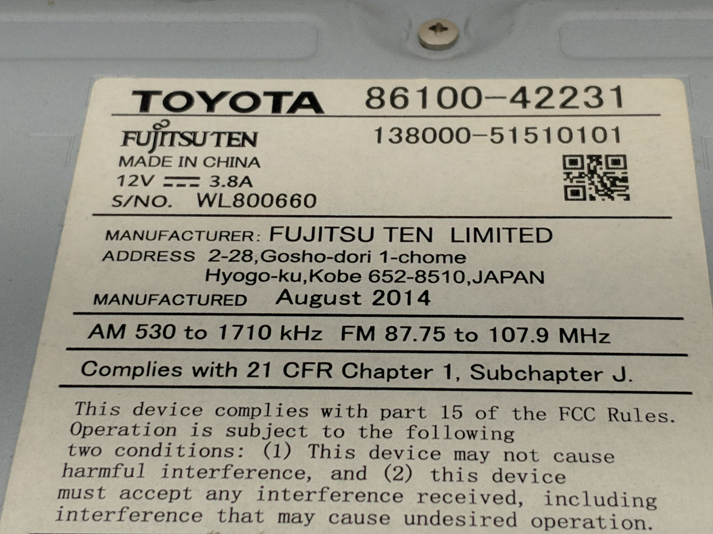 2014-2015 Toyota Rav4 Radio AM FM Cd Player Receiver Replacement P/N:138000-51510101 86100-42231 Fits Fits 2014 2015 OEM Use