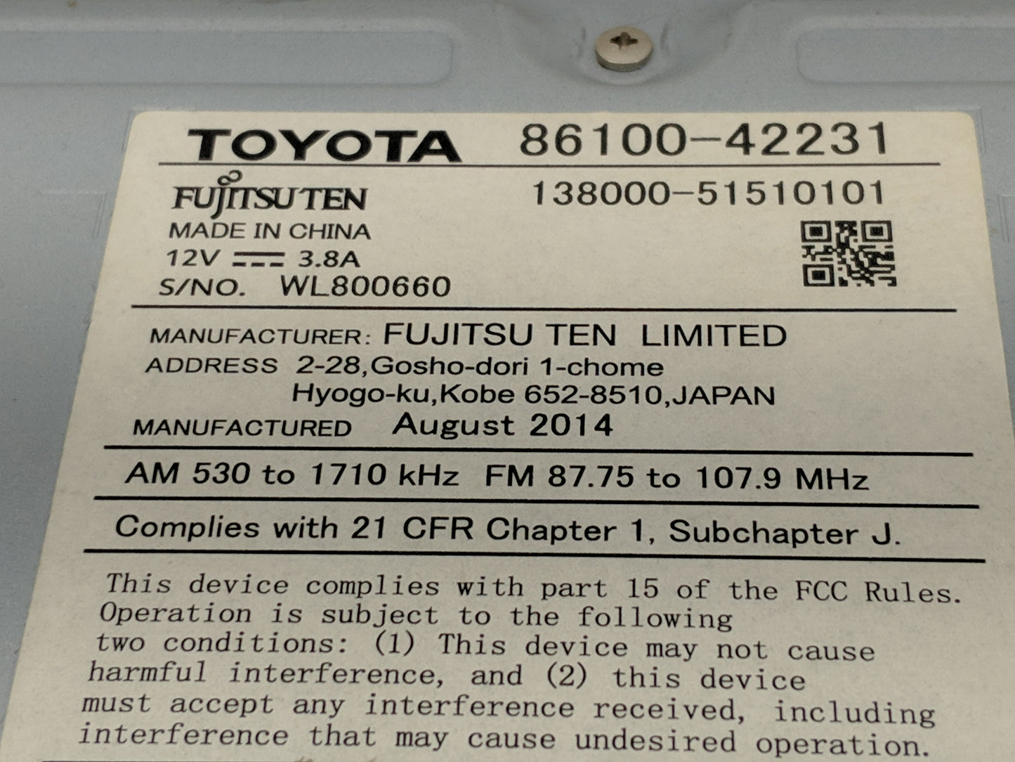 2014-2015 Toyota Rav4 Radio AM FM Cd Player Receiver Replacement P/N:138000-51510101 86100-42231 Fits Fits 2014 2015 OEM Use