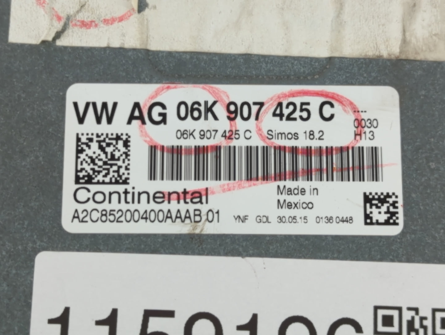 2015 Volkswagen Beetle PCM Engine Control Computer ECU ECM PCU OEM P/N:06K 907 425 C Fits OEM Used Auto Parts - Oemusedautop