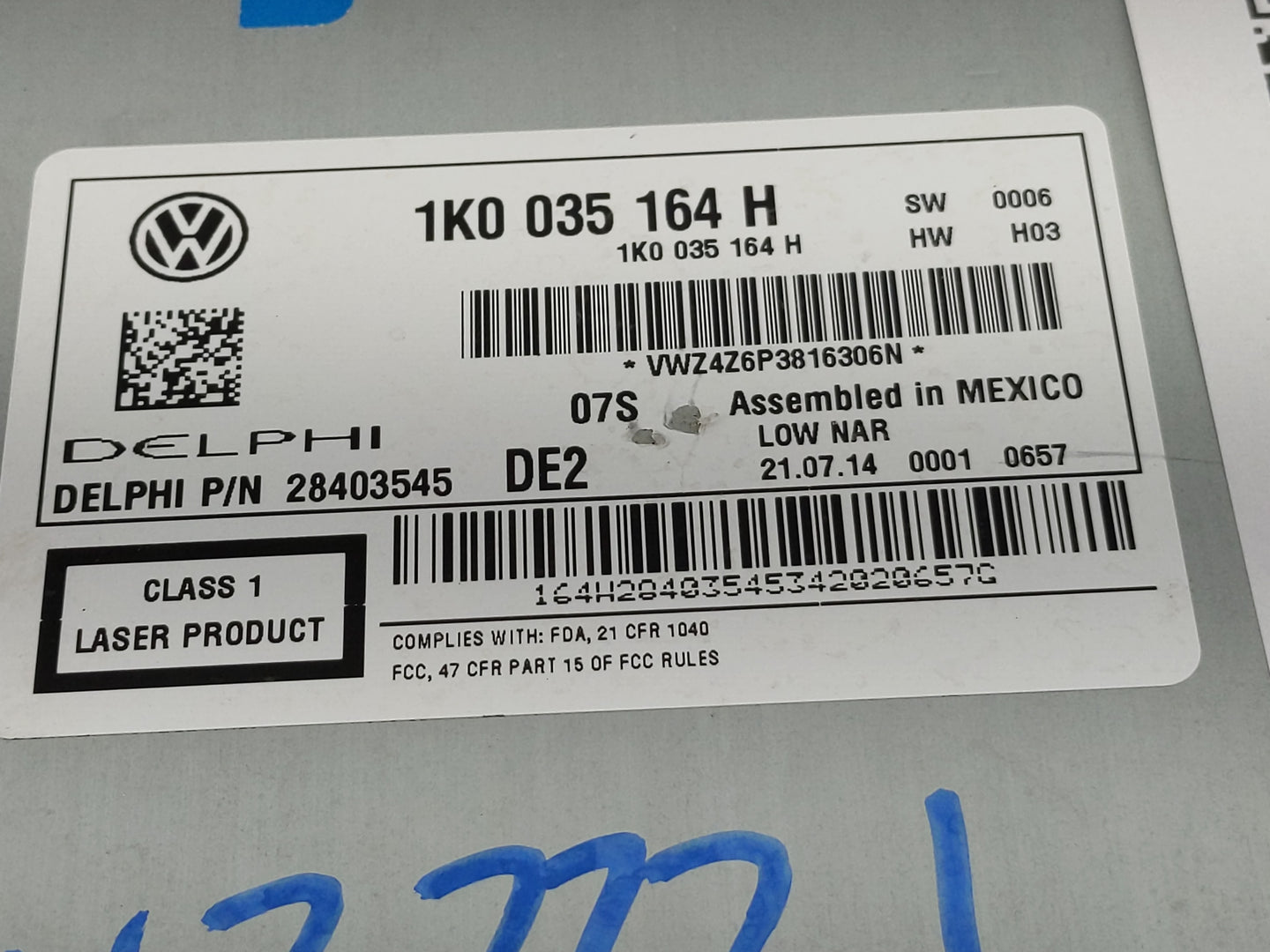 2015 Volkswagen Jetta Radio AM FM Cd Player Receiver Replacement P/N:28403545 1K0 035 164 H Fits OEM Used Auto Parts - Oemus