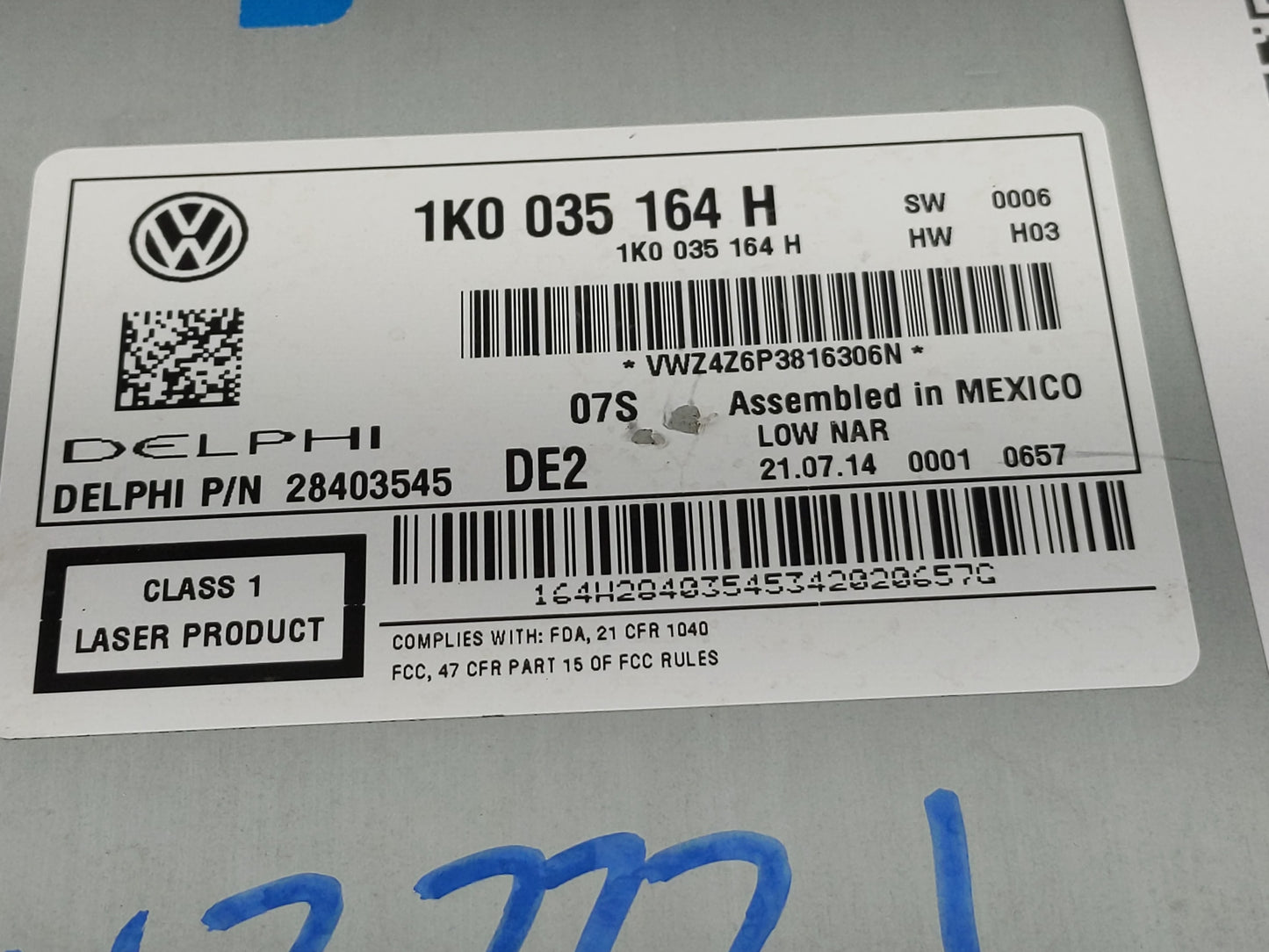 2015 Volkswagen Jetta Radio AM FM Cd Player Receiver Replacement P/N:28403545 1K0 035 164 H Fits OEM Used Auto Parts - Oemus