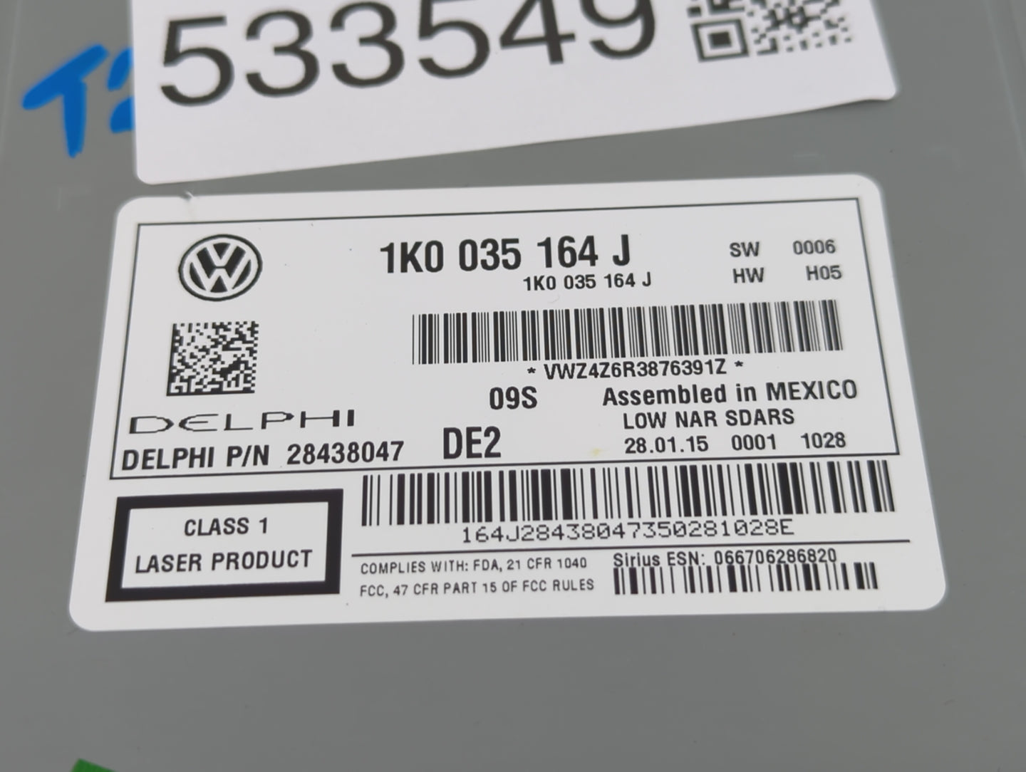 2015-2017 Volkswagen Jetta Radio AM FM Cd Player Receiver Replacement P/N:1K0 035 164 J Fits Fits 2015 2016 2017 OEM Used Au