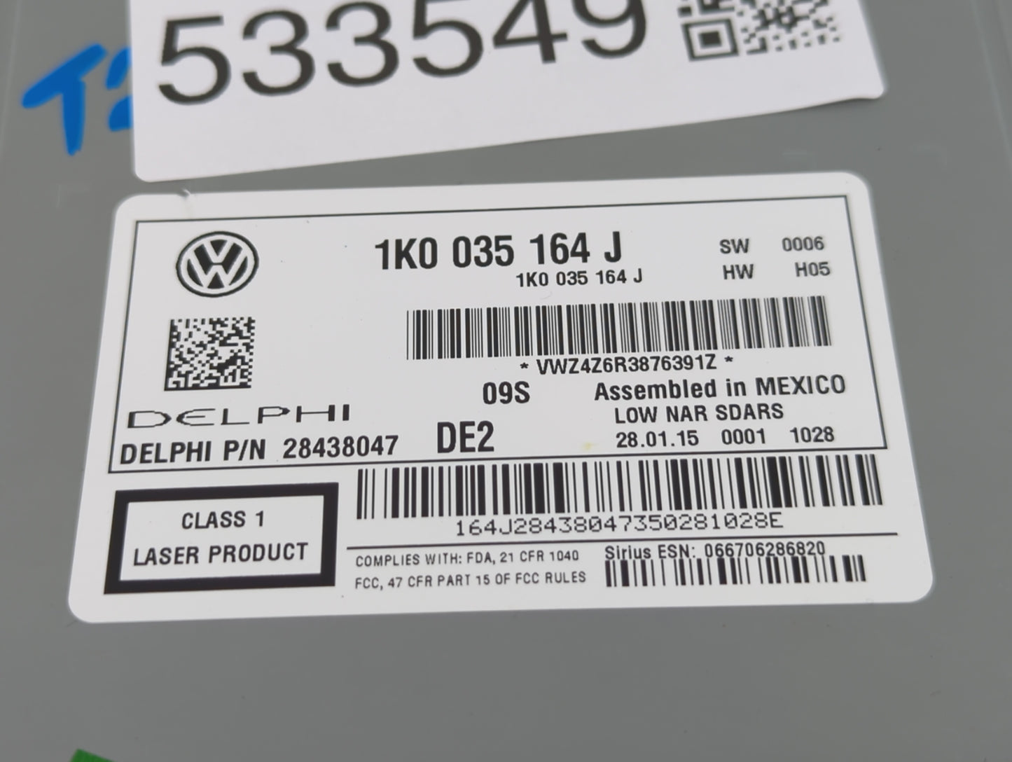 2015-2017 Volkswagen Jetta Radio AM FM Cd Player Receiver Replacement P/N:1K0 035 164 J Fits Fits 2015 2016 2017 OEM Used Au