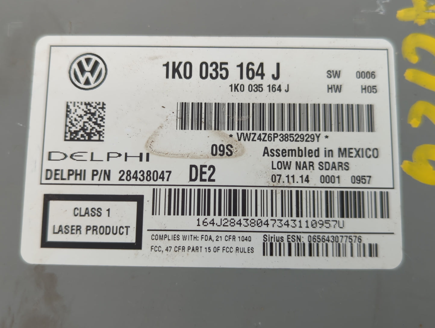 2015-2017 Volkswagen Jetta Radio AM FM Cd Player Receiver Replacement P/N:1K0 035 164 J Fits Fits 2015 2016 2017 OEM Used Au