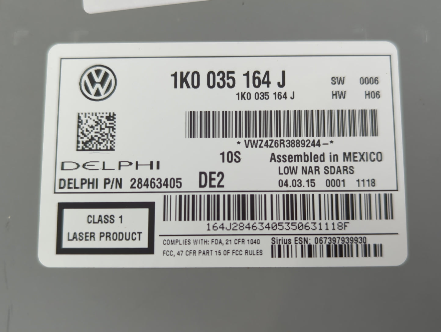 2015-2017 Volkswagen Jetta Radio AM FM Cd Player Receiver Replacement P/N:1K0 035 164 J Fits Fits 2015 2016 2017 OEM Used Au