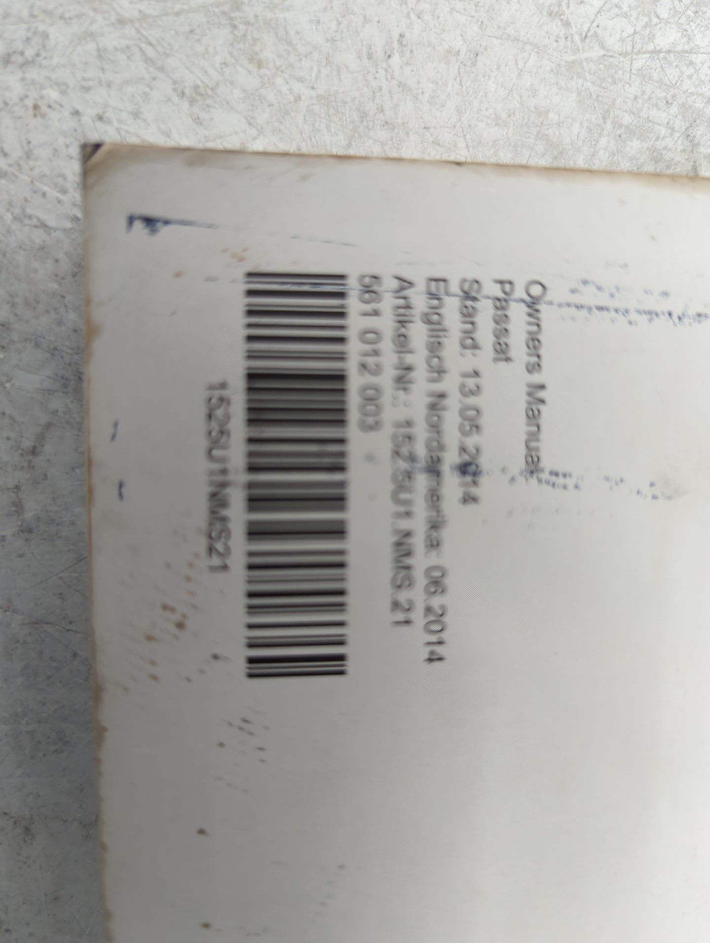 2015 Volkswagen Passat Owners Manual Book Guide P/N:561012003 1525U1NMS21 OEM Used Auto Parts - Oemusedautoparts1.com