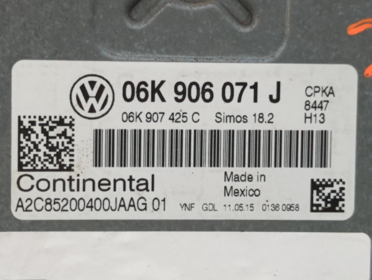 2015 Volkswagen Passat PCM Engine Control Computer ECU ECM PCU OEM P/N:06K 906 071 J Fits OEM Used Auto Parts - Oemusedautop