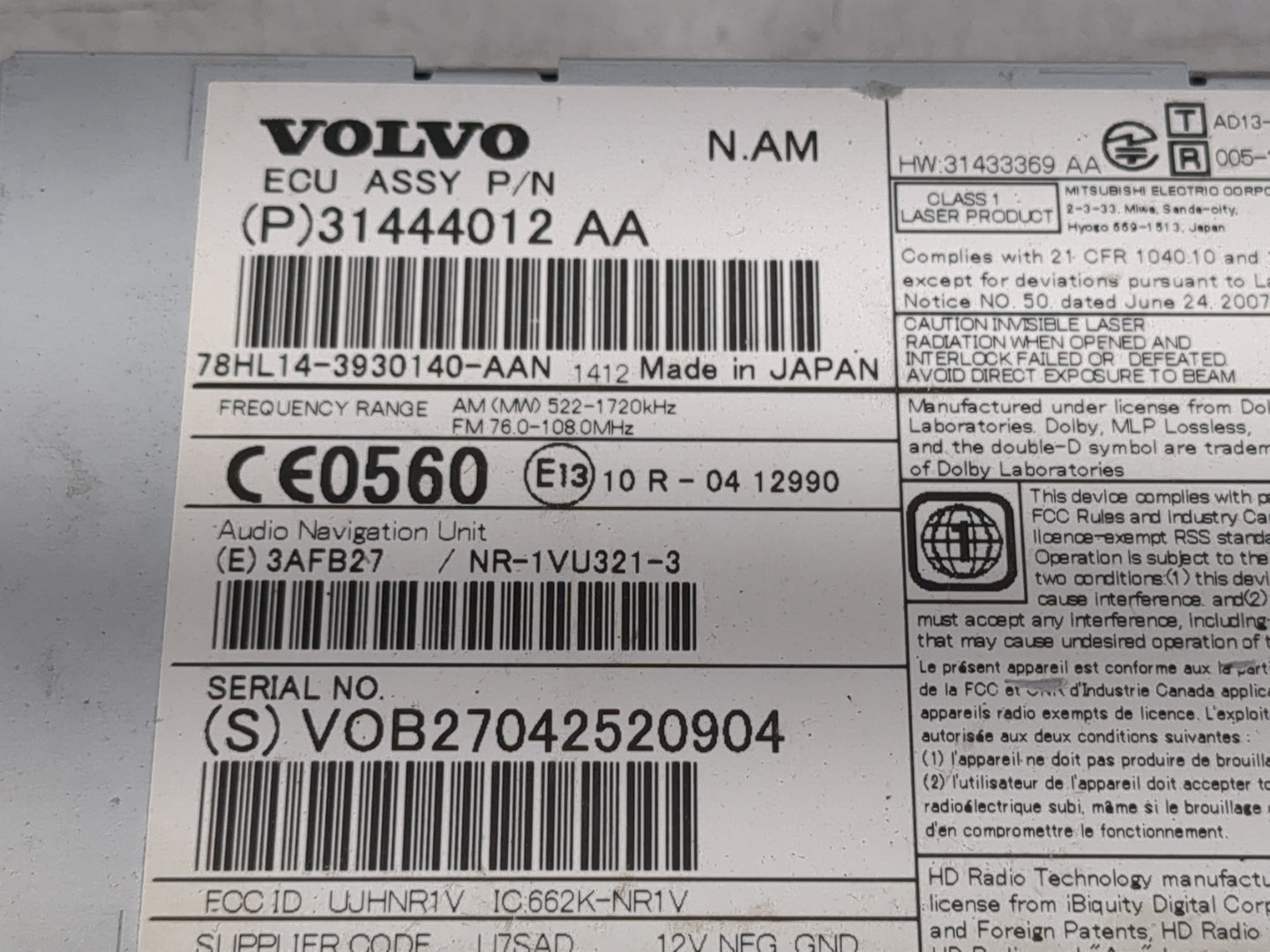 2015 Volvo V60 Radio AM FM Cd Player Receiver Replacement P/N:31444012 AA Fits OEM Used Auto Parts - Oemusedautoparts1.com