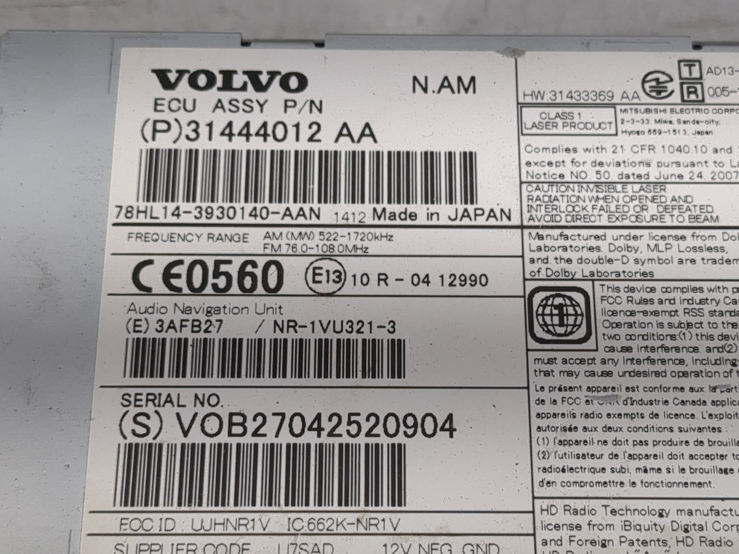2015 Volvo V60 Radio AM FM Cd Player Receiver Replacement P/N:31444012 AA Fits OEM Used Auto Parts - Oemusedautoparts1.com