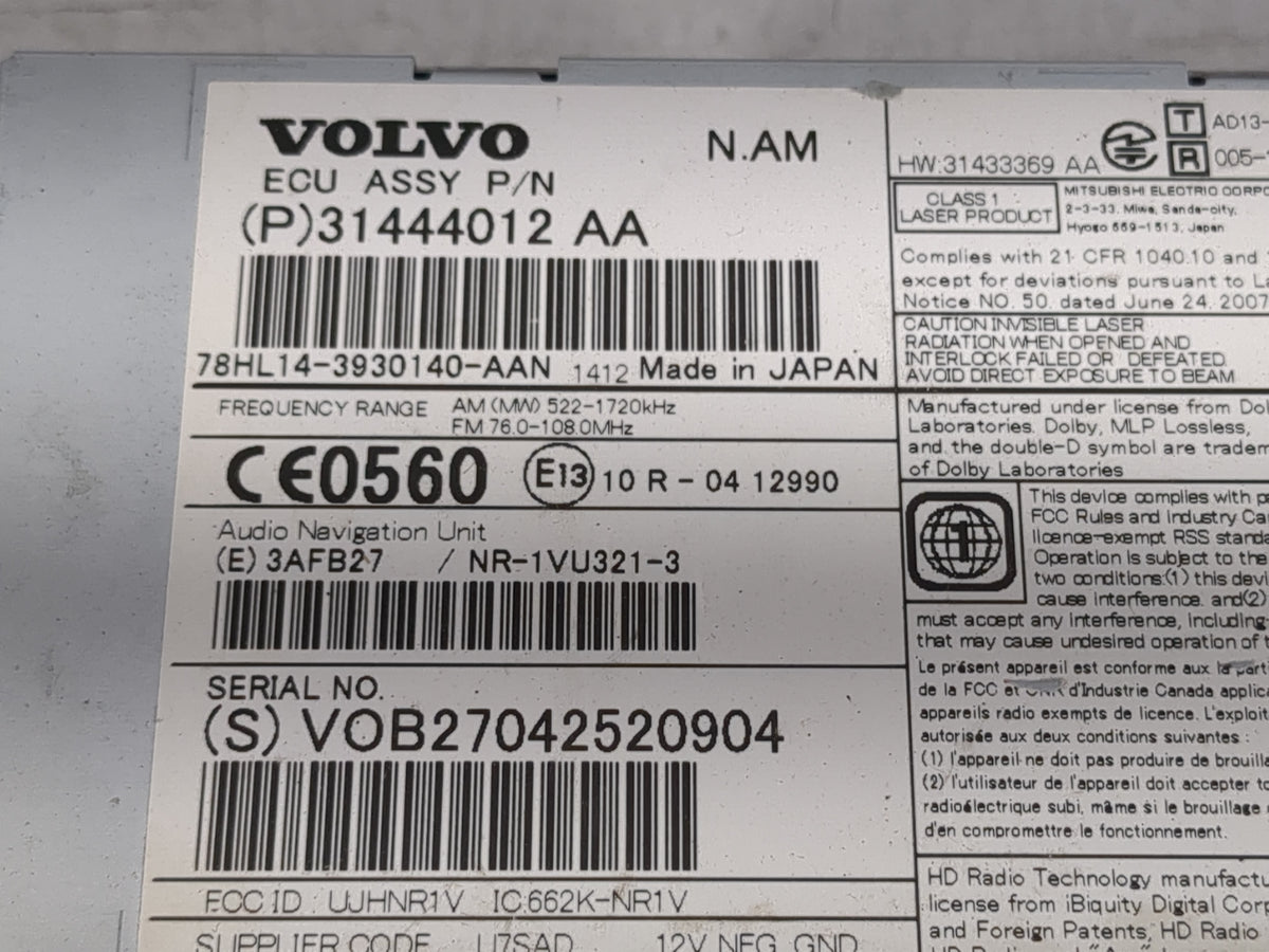 2015 Volvo V60 Radio AM FM Cd Player Receiver Replacement P/N:31444012 AA OEM Used Auto Parts - Oemusedautoparts1.com