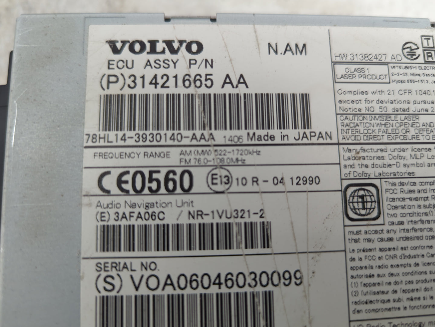 2015 Volvo V60 Radio AM FM Cd Player Receiver Replacement P/N:31421665 HW:31382427, 3AFA06C, NR-1VU321-2, 78HL14-3930140-AAA