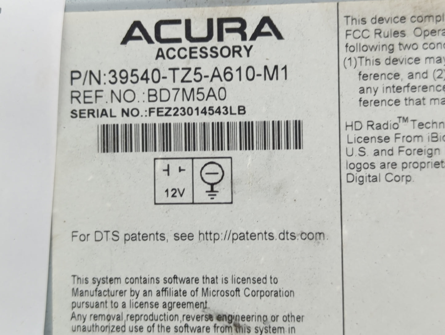 2016 Acura Mdx Radio AM FM Cd Player Receiver Replacement P/N:39540-TZ5-A610-M1 BD7M5A0 Fits OEM Used Auto Parts - Oemusedau
