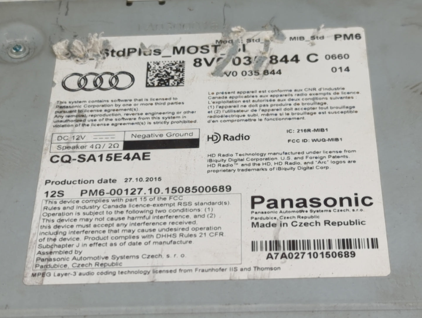 2016 Audi A3 Radio AM FM Cd Player Receiver Replacement P/N:8V0035878 8V0035844, CQ-SA15E4AE Fits OEM Used Auto Parts - Oemu