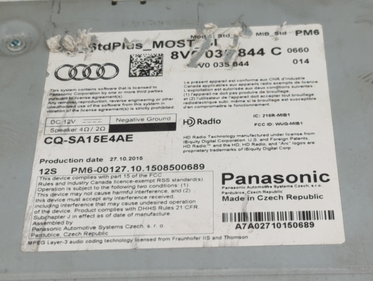 2016 Audi A3 Radio AM FM Cd Player Receiver Replacement P/N:8V0035878 8V0035844, CQ-SA15E4AE Fits OEM Used Auto Parts - Oemu