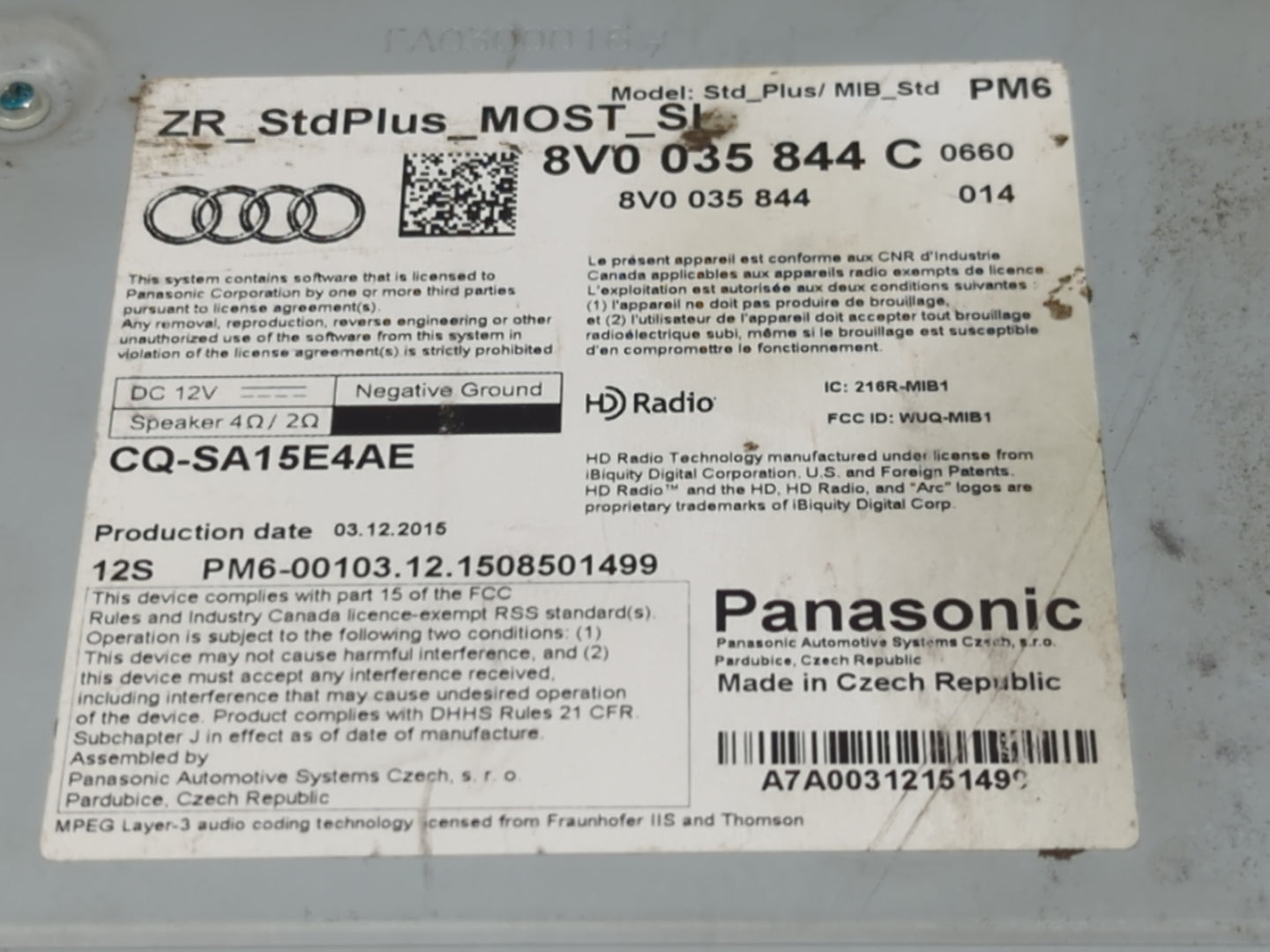 2015-2018 Audi A3 Radio AM FM Cd Player Receiver Replacement P/N:8V0 035 844 C Fits Fits 2015 2016 2017 2018 OEM Used Auto P