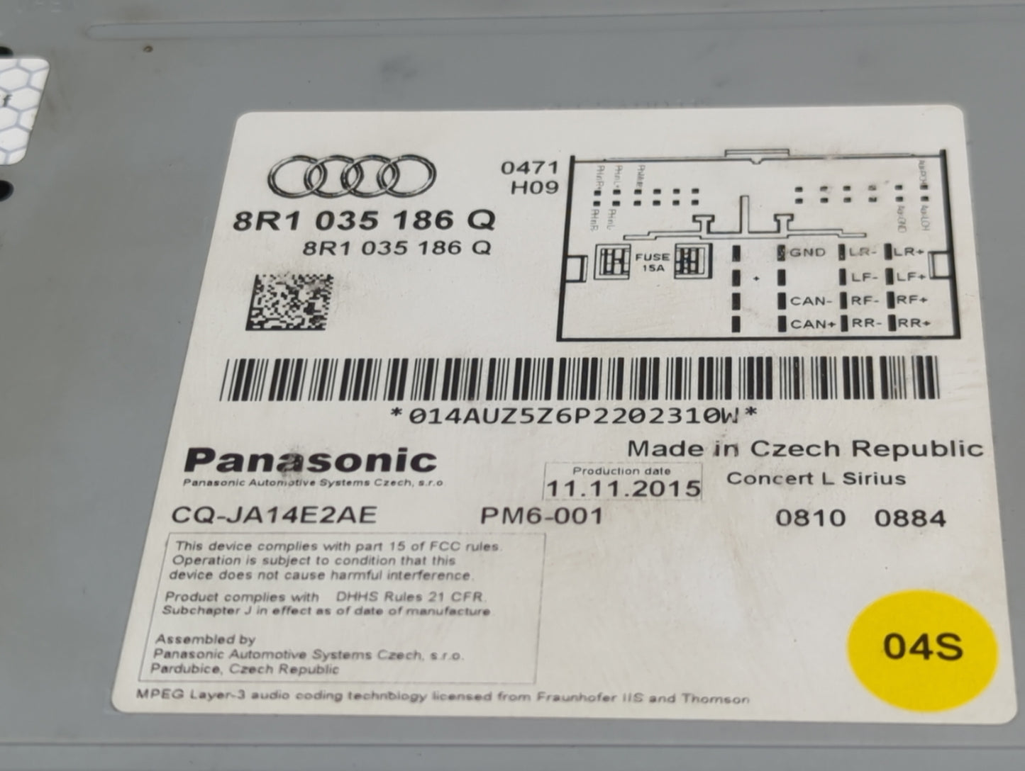 2015-2017 Audi A5 Radio AM FM Cd Player Receiver Replacement P/N:8R1035186Q CQ-JA14E2AE Fits OEM Used Auto Parts - Oemusedau