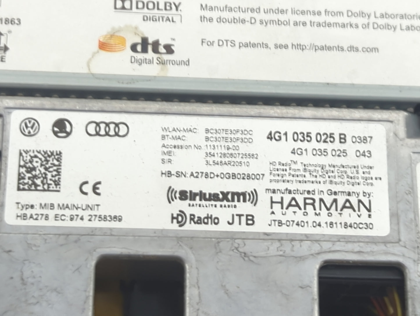 2016-2017 Audi A6 Radio AM FM Cd Player Receiver Replacement P/N:4G1035025B 4G1035025043 Fits Fits 2016 2017 2018 OEM Used A