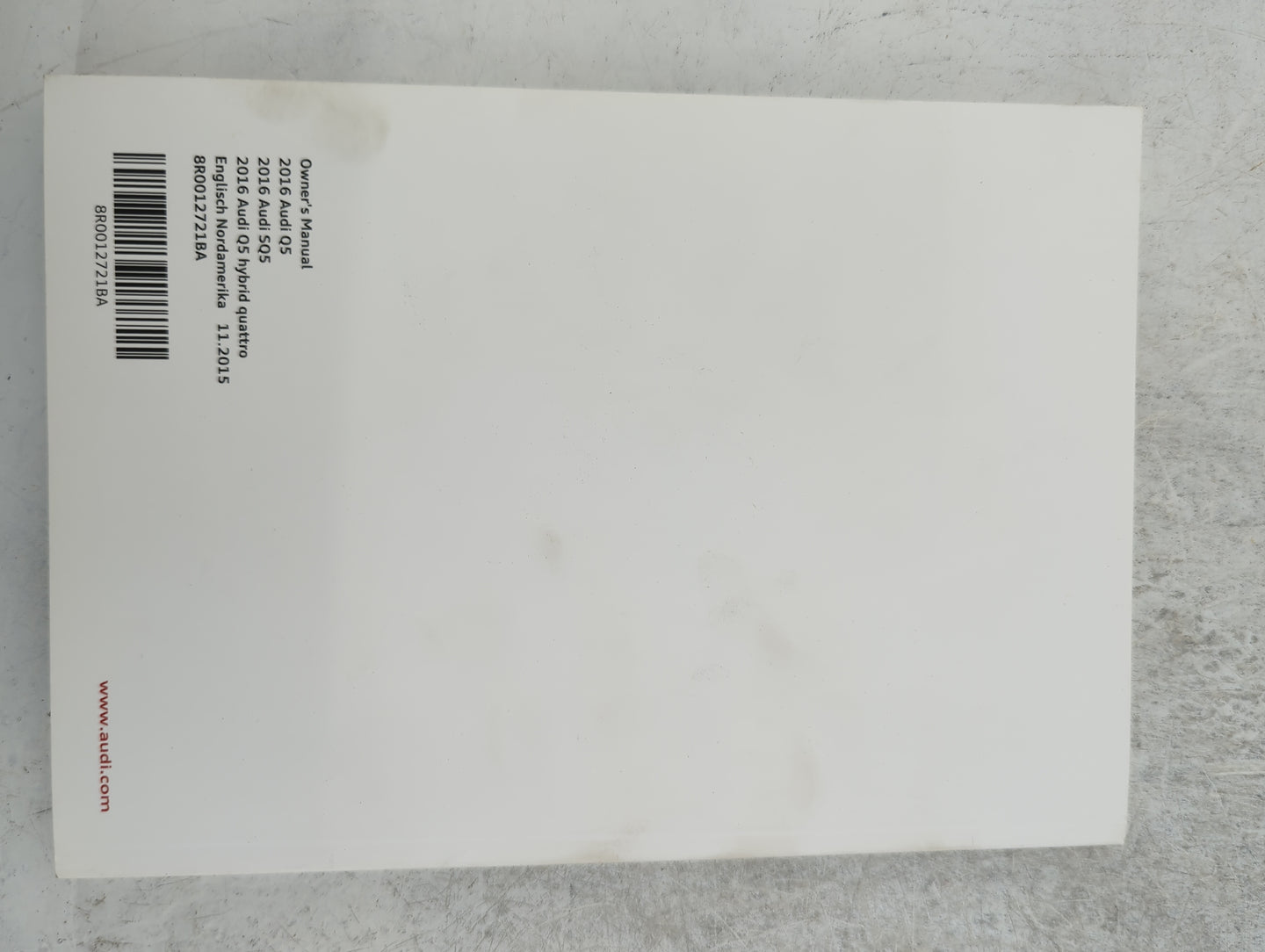 2016 Audi Q5 Owners Manual Book Guide P/N:8R0012721BA 8K0012721NA OEM Used Auto Parts - Oemusedautoparts1.com