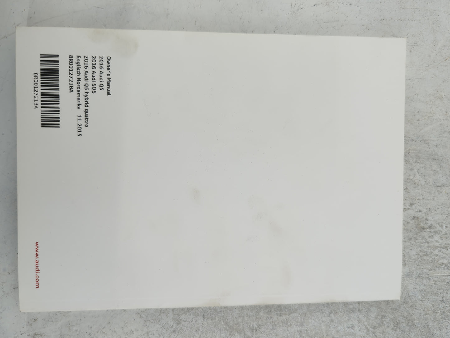 2016 Audi Q5 Owners Manual Book Guide P/N:8R0012721BA 8K0012721NA OEM Used Auto Parts - Oemusedautoparts1.com