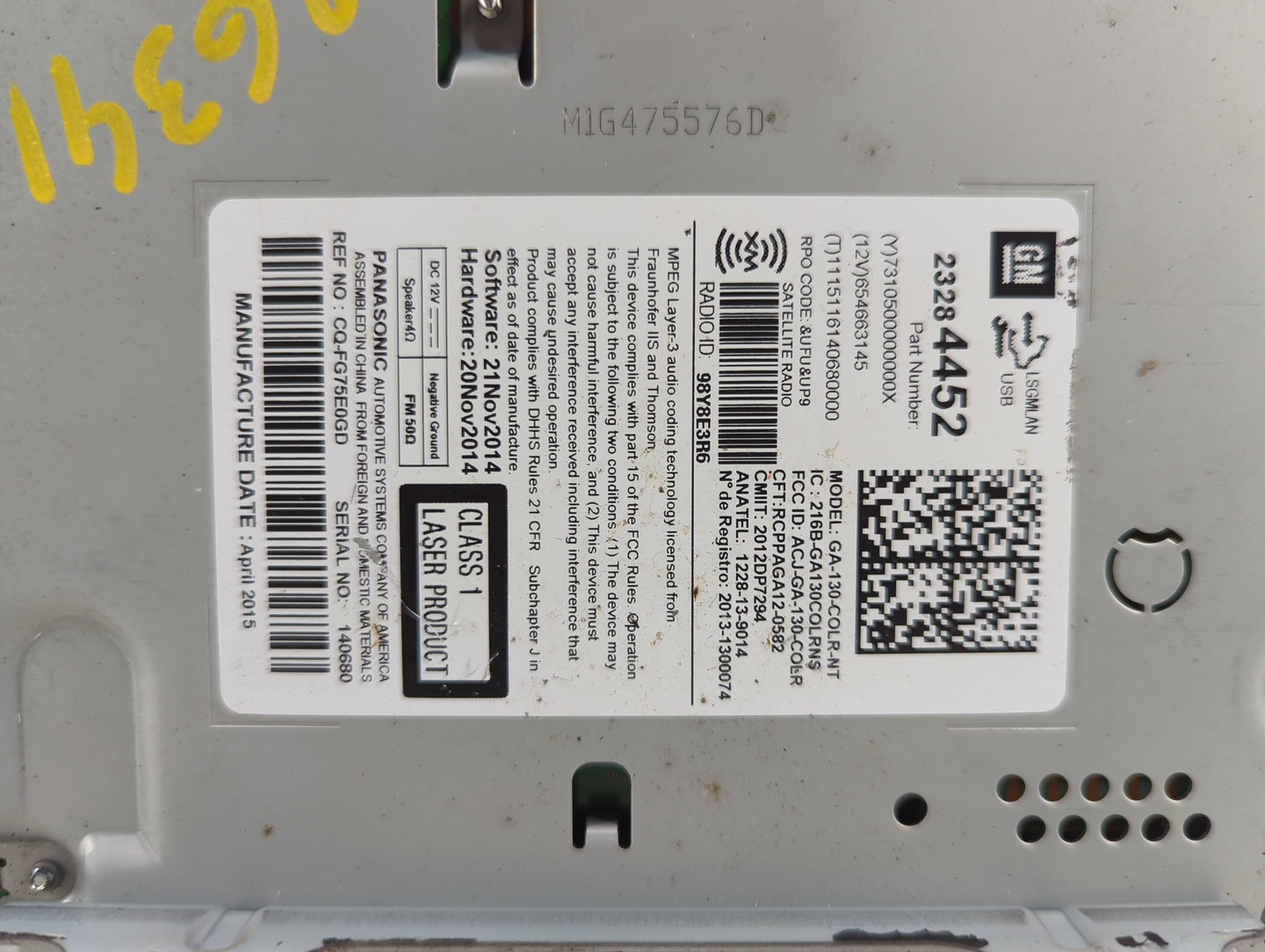 2015-2016 Chevrolet Cruze Radio AM FM Cd Player Receiver Replacement P/N:23284452 GA-130-COLR-NT Fits Fits 2014 2015 2016 20