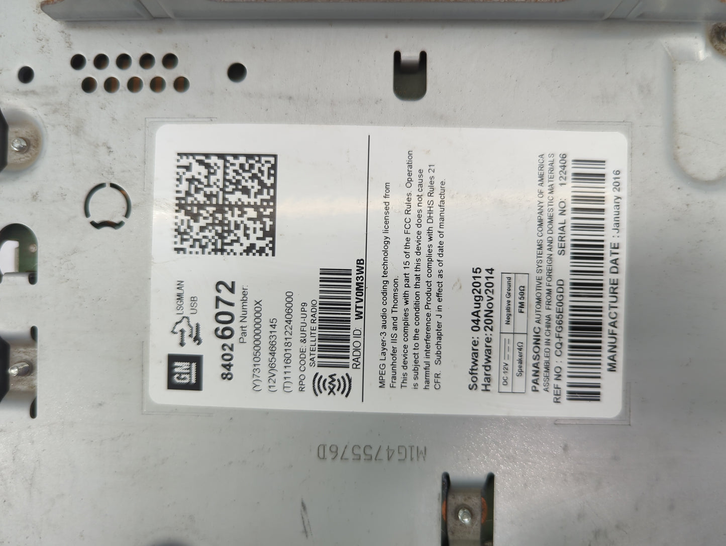 2016 Chevrolet Equinox Radio AM FM Cd Player Receiver Replacement P/N:84026072 CQ-FG66E0GDD, WTV0M3WB Fits OEM Used Auto Par