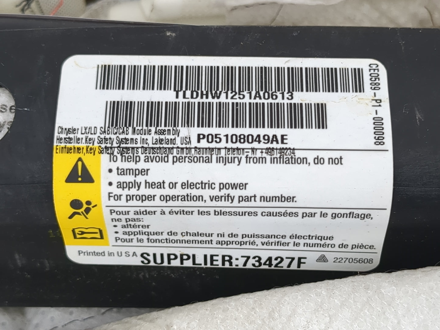 2015-2022 Chrysler 300 Passenger Curtain Air Bag Oem - Oemusedautoparts1.com