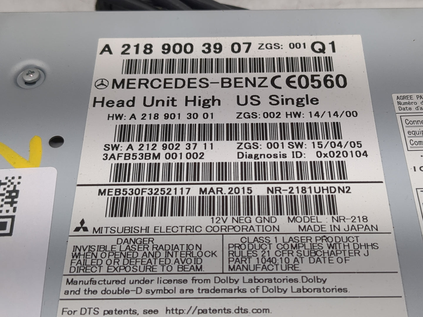 2016 Chrysler E Class Radio AM FM Cd Player Receiver Replacement P/N:A 218 900 39 07 Fits OEM Used Auto Parts - Oemusedautop