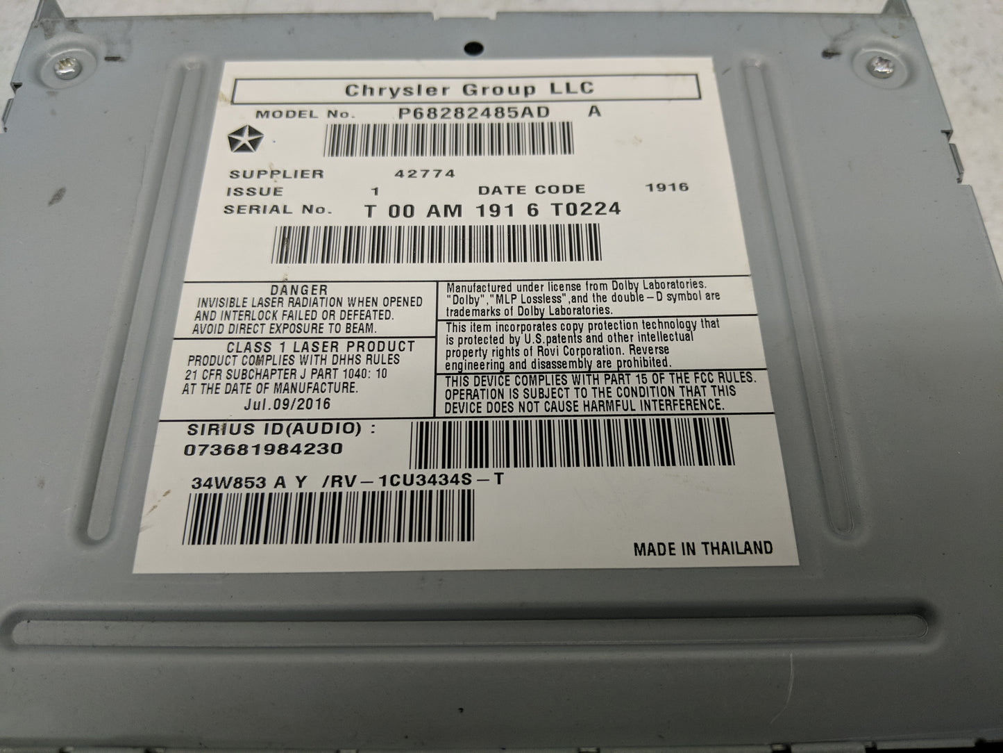 2016 Dodge Caravan Radio AM FM Cd Player Receiver Replacement P/N:P68282485AD 68282485AA Fits OEM Used Auto Parts - Oemuseda