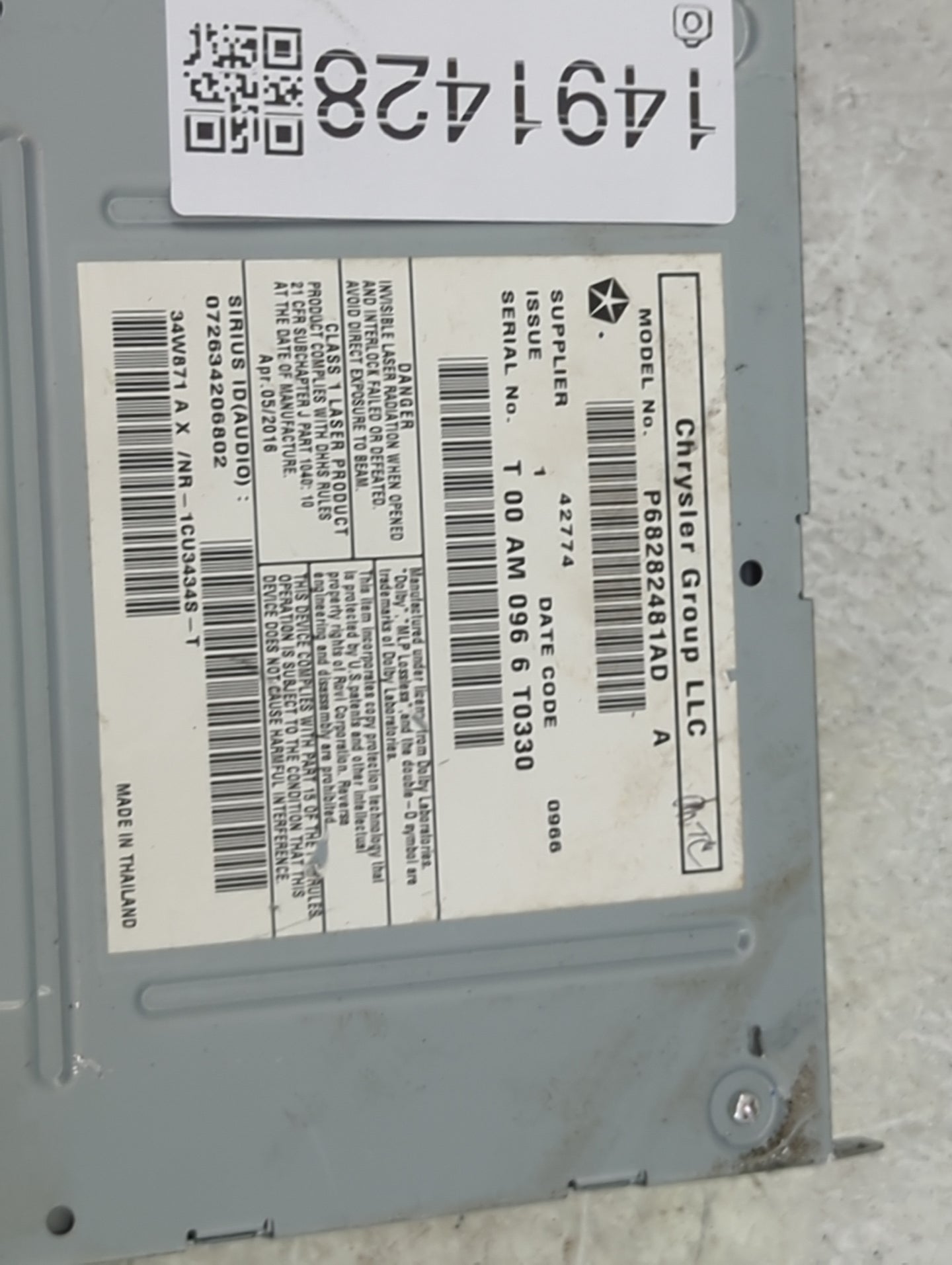2016 Dodge Caravan Radio AM FM Cd Player Receiver Replacement P/N:P6828248AD P6828481AD Fits OEM Used Auto Parts - Oemusedau