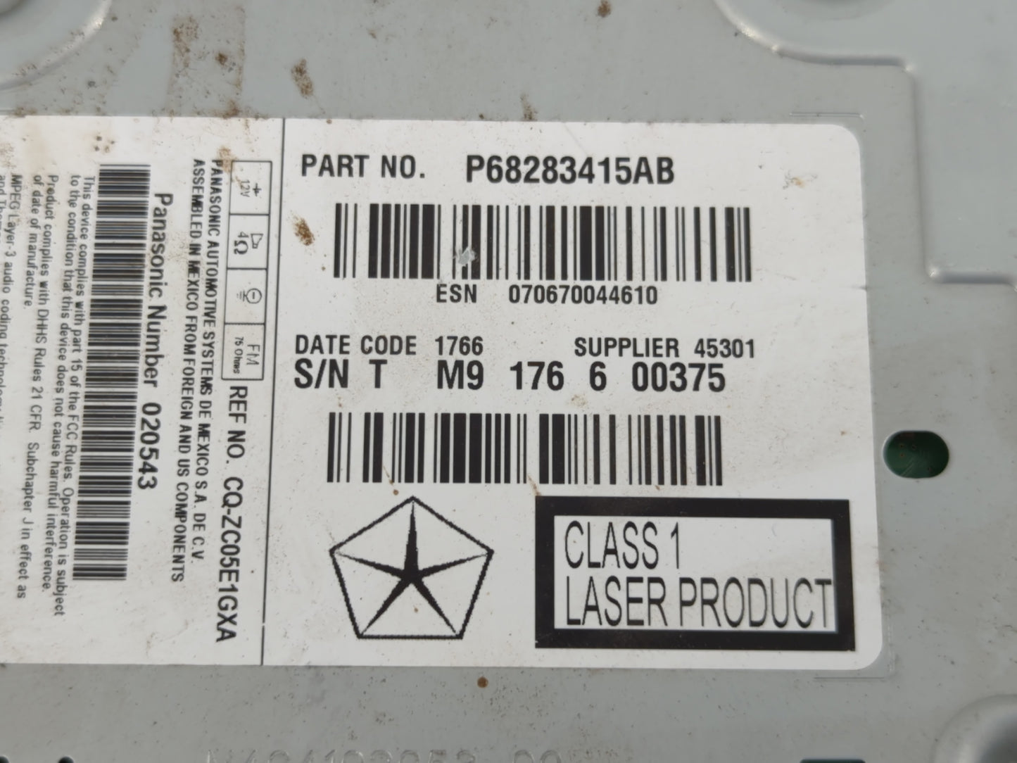2018-2020 Dodge Journey Radio AM FM Cd Player Receiver Replacement P/N:P68283415AB Fits Fits 2018 2019 2020 OEM Used Auto Pa