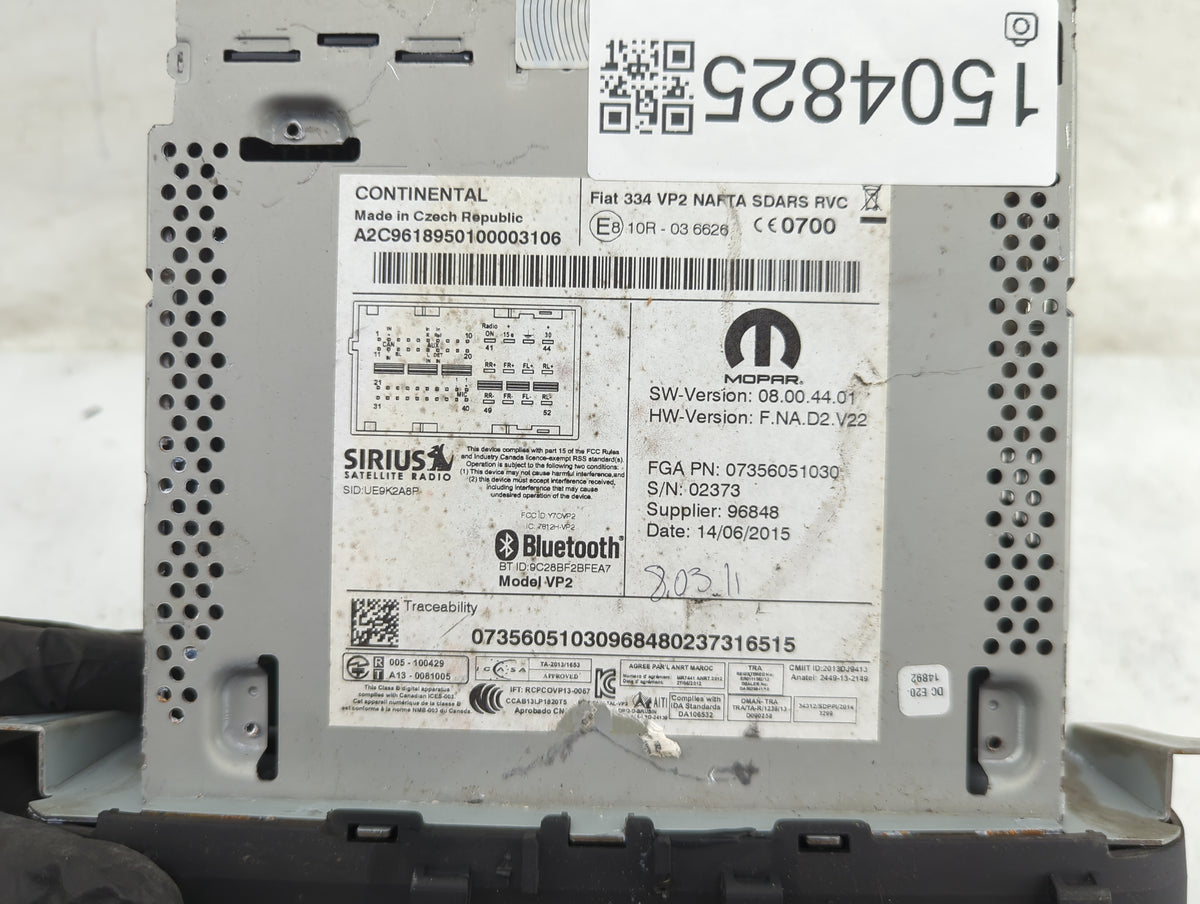 2016 Fiat 500x Radio AM FM Cd Player Receiver Replacement P/N:A2C9618950100003106 07356051030, VP2 Fits OEM Used Auto Parts 