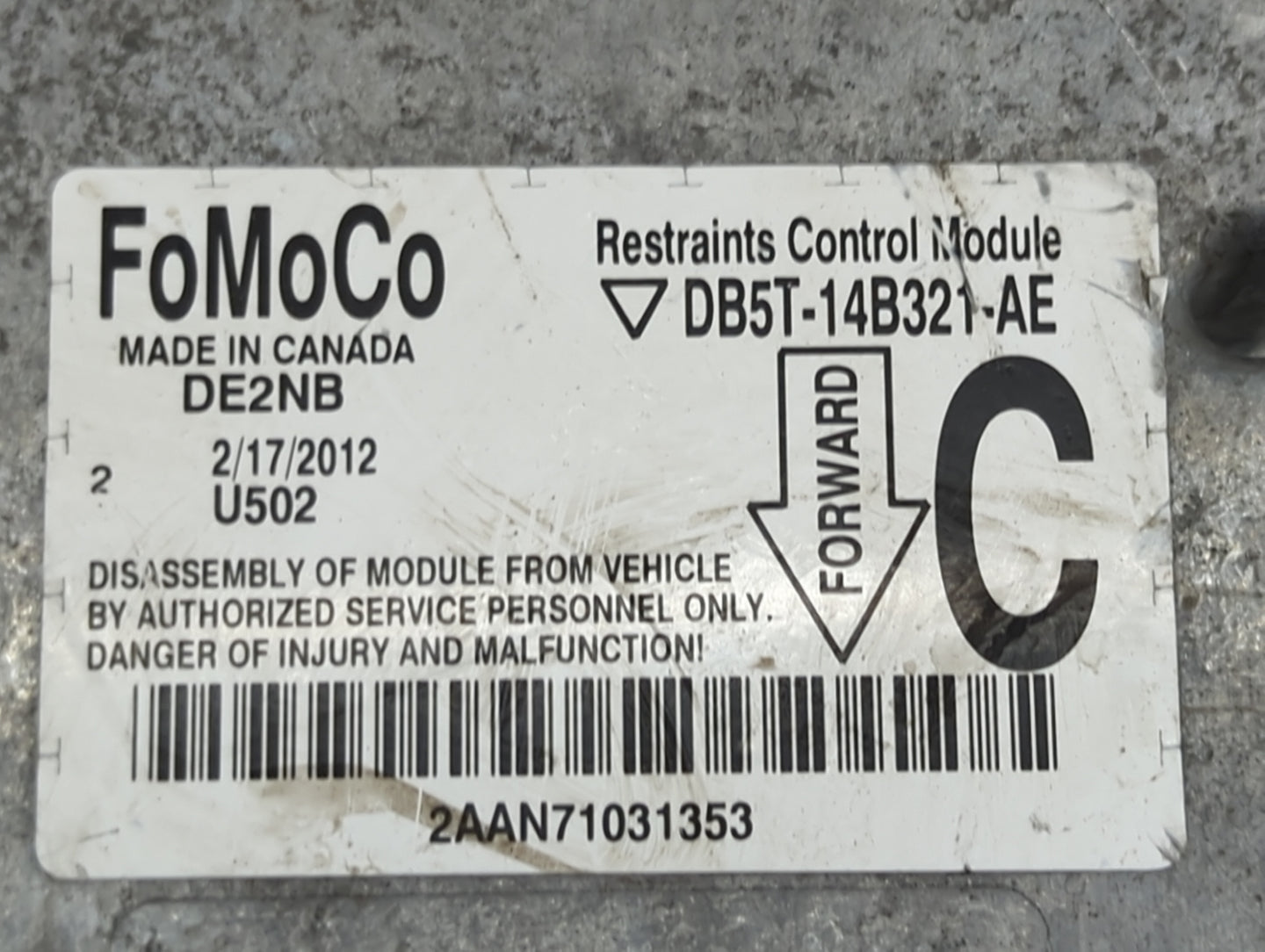 2016 Ford Edge Safety Restraint Srs Airbag Control Module Db5t-14b321-ae - Oemusedautoparts1.com