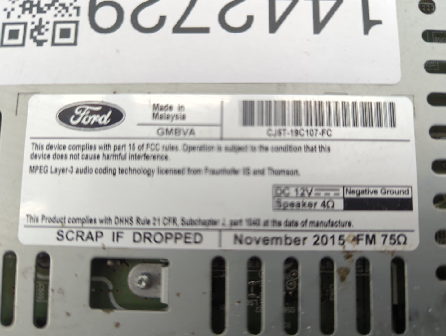 2015-2016 Ford Escape Radio AM FM Cd Player Receiver Replacement P/N:CJ5T-19C107-FC CG-FJ2E0UMF Fits Fits 2015 2016 OEM Used
